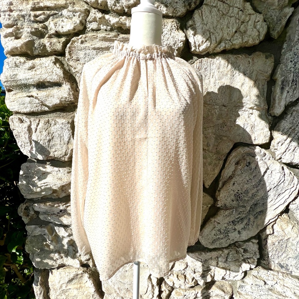 Ann Taylor High Neck Ivory Long Sleeved Blouse Size: M